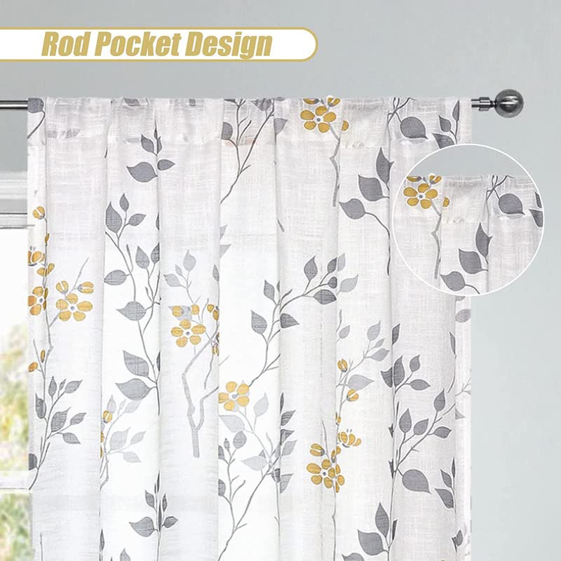 Rich Natural Linen curtains - Printed floral curtains- Semi-transparent - Road Pocket grommets for living room, bedroom, kitchens, 1 piece
