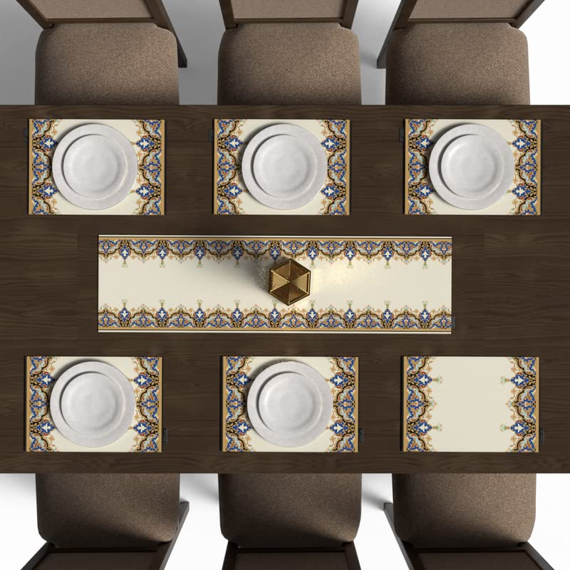 Taj 7-Piece Dining Linens Set, includes 6 multicolor canvas placemats (45x30 cm) and 1 table runner (35x140 cm), with a regal Islamic design for a majestic and festive tablescape