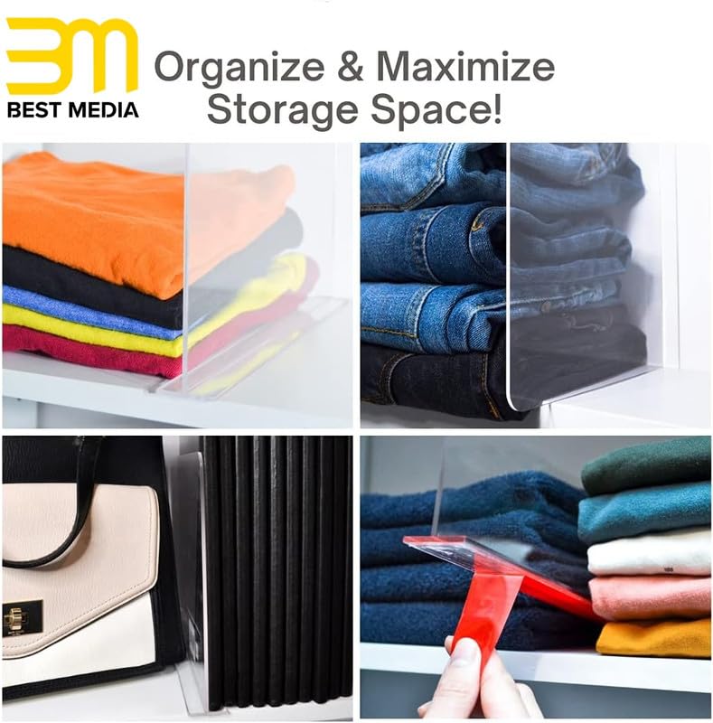 Clear Acrylic Shelf Dividers, 3-Pack Closet Organizer for T-Shirts, Sweaters, Books, Handbags, and Purse Storage