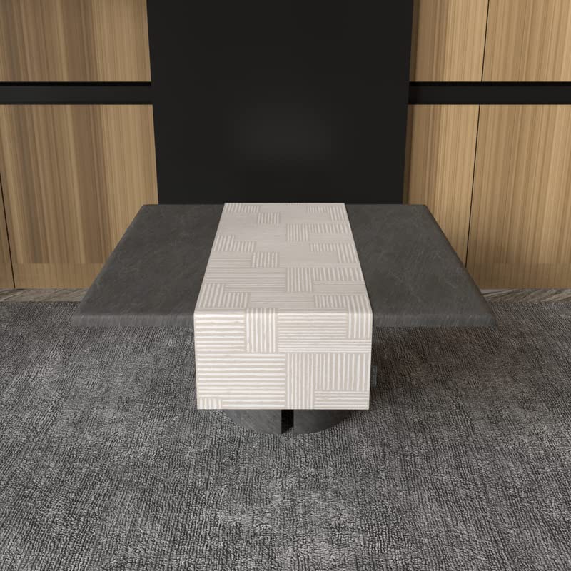 Hazel 1 Velvet Table Runner in Beige & Blue, a 35x140 cm plush decorative centerpiece with a soft and welcoming modern pattern, adds a touch of cozy luxury to your dining table decor