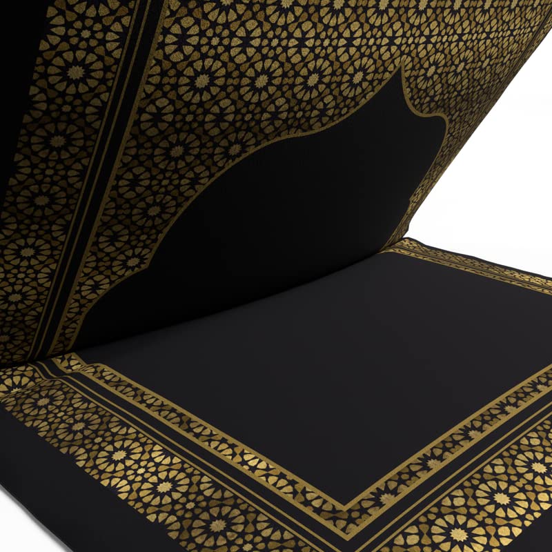 Velvet Prayer Rug Mat in classic Gold and Black, 68x117 cm, made from a soft material to provide a comfortable and dedicated space for your daily Islamic prayers and devotion at home