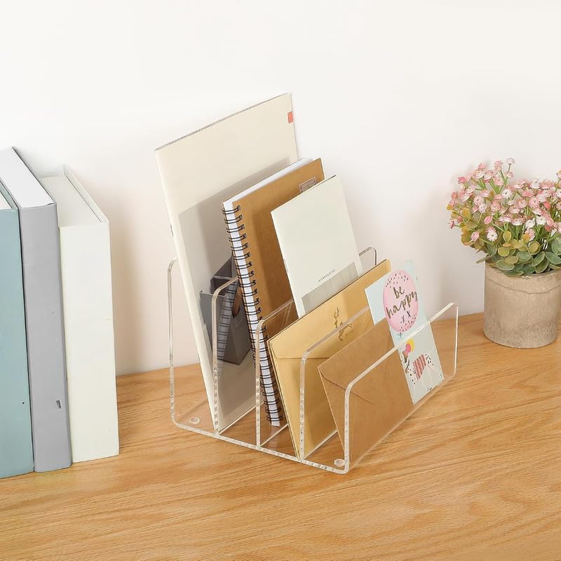4-Section Vertical Acrylic File Holder, Clear Desk Organizer for Envelopes, Letters, and Documents, Modern File Sorter for Notebooks and Electronics like Tablets and Laptops