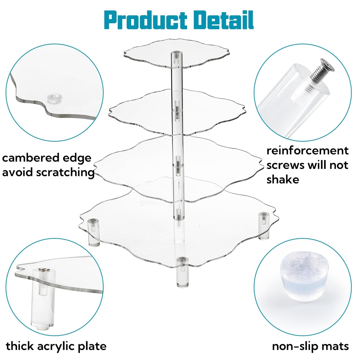 Acrylic Cupcake Tower Stand, 4-Tier Square 30 cm Display Holder, Clear Dessert and Pastry Tower with Rod Feet for 52 Cupcakes, Perfect for Wedding, Birthday, Baby Shower and Party Events