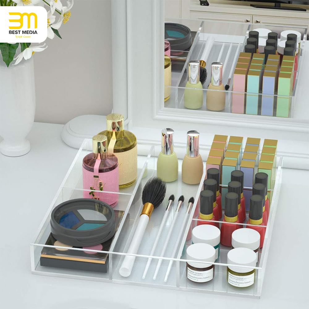 6-Section Clear Acrylic Drawer Organizer and Storage Tray, Versatile Plastic Desk and Makeup Drawer Insert for Kitchen, Bathroom, and Office Organization, Low-Profile Divided Tray