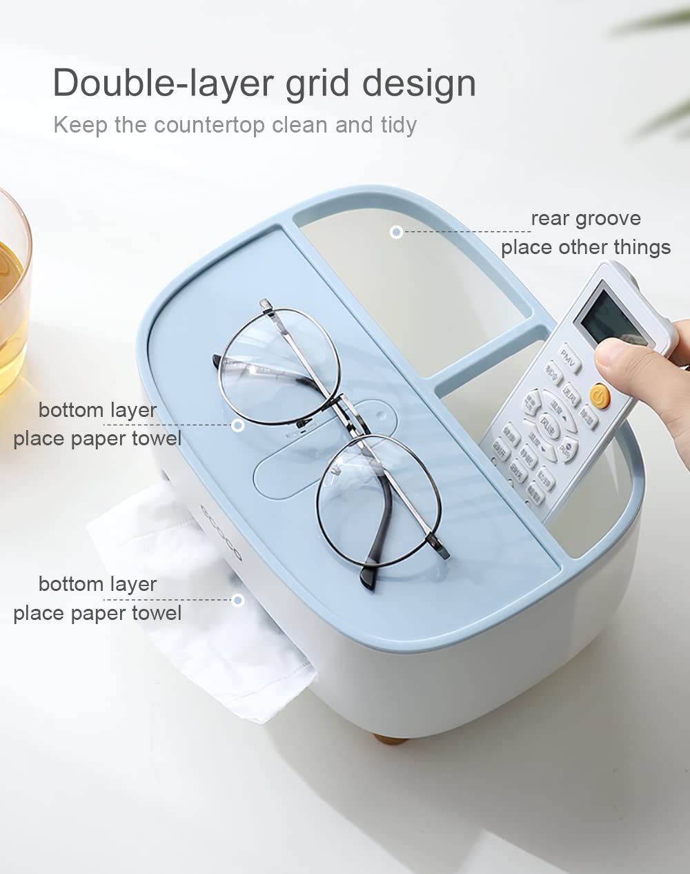 Tissue Box Cover Holder with Storage, Napkin Tissue Box, Multi-Function Tissue Box ABS Material Storage Organizer Caddy for Bathroom, Bedroom and Office, Blue