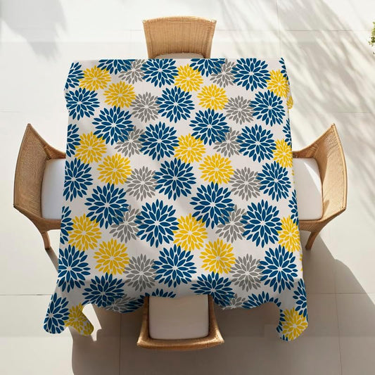 مفرش طاولة من الكتان المخملي بنقشة زهور - نسيج منسوج - فائق النعومة، مقاوم للانسكاب والتجاعيد - قطعة واحدة - أزرق × رمادي × أصفر