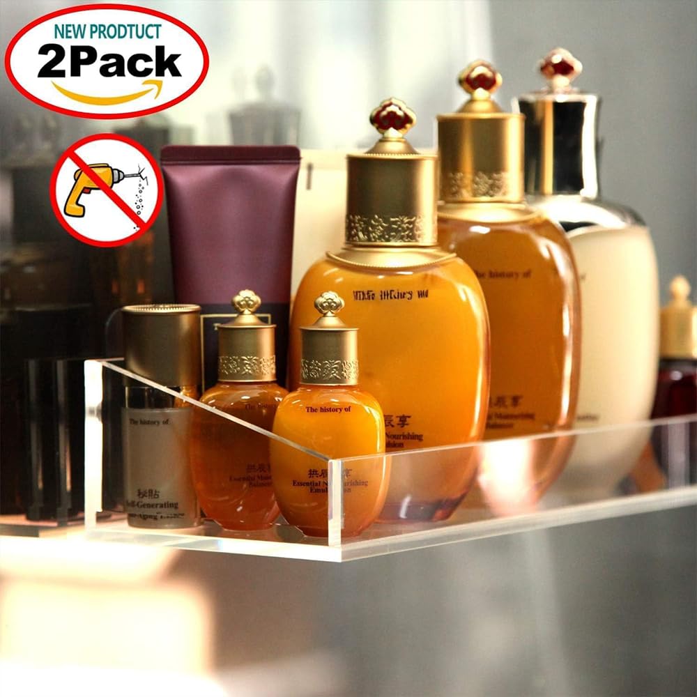 Acrylic Bathroom Shelf Set, 2-Piece Wall Mounted Thick Clear Storage and Display Shelves, No Drilling Required, Perfect for Organizing Toiletries, Cosmetics and Bathroom Essentials, Clear