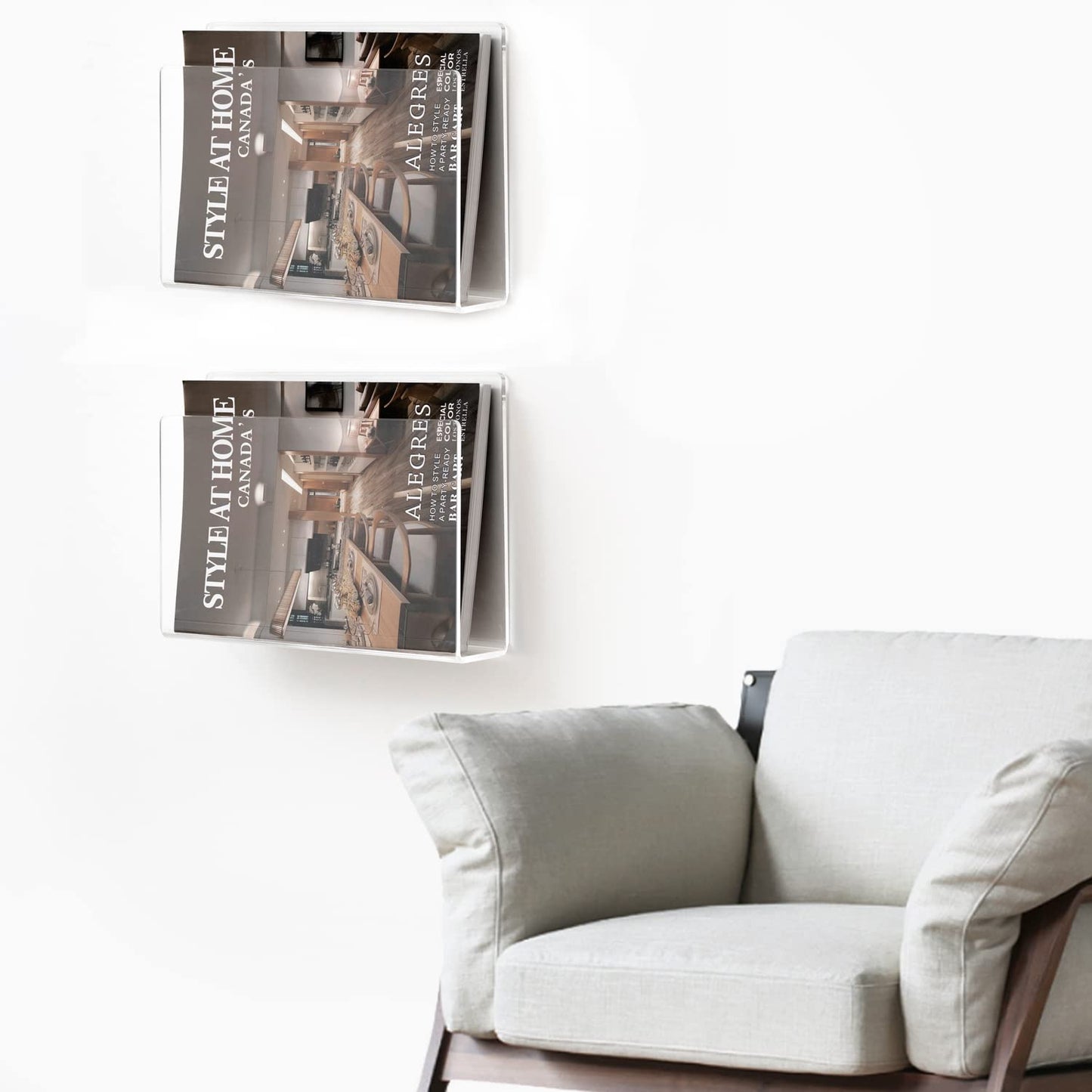 2 Pack Wall Mount Magazine Holder, Clear Acrylic Vertical File Rack and Organizer, Modern Wall-Mounted Bookshelf for Office, Waiting Room, Living Room, and Home Display