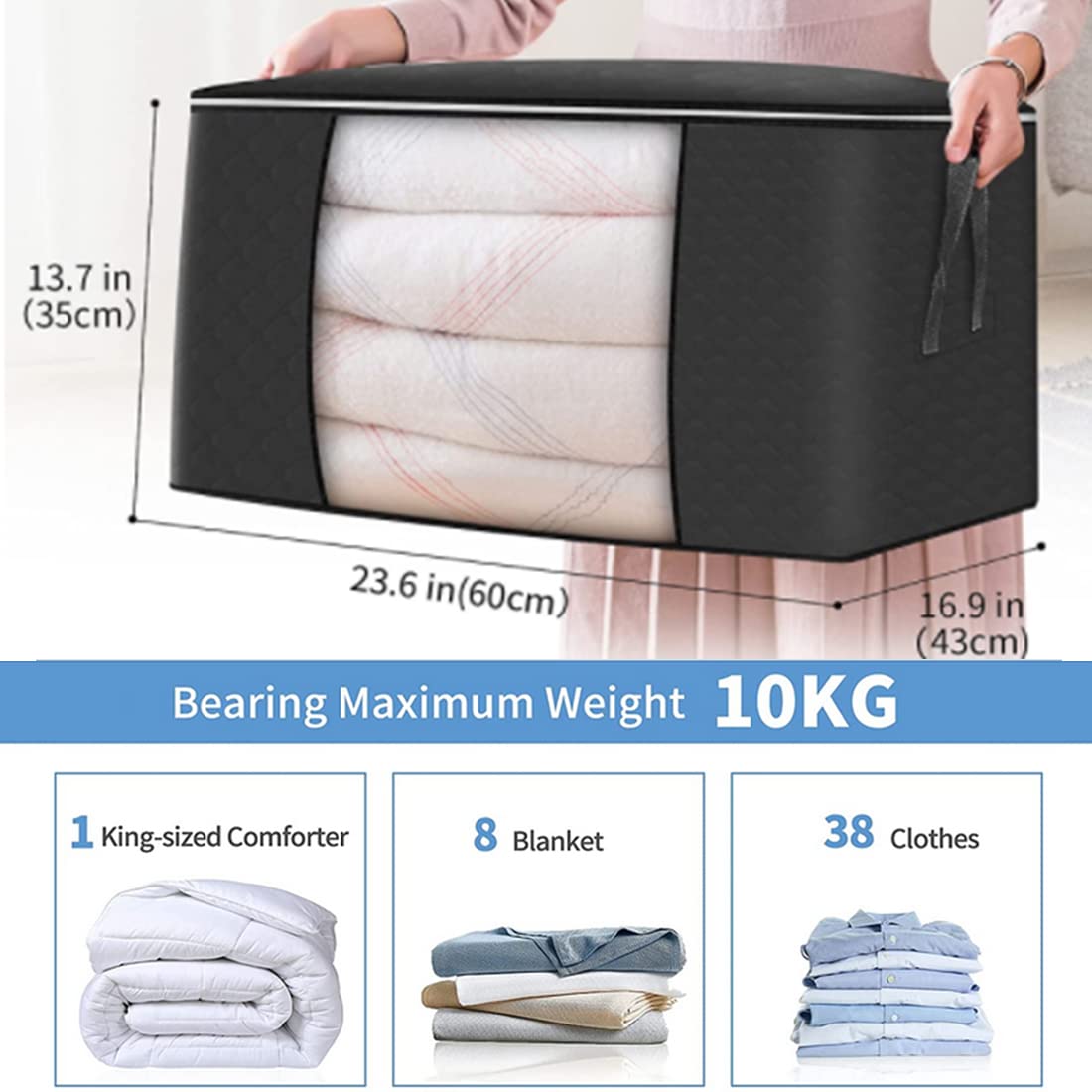 مجموعة من 3 حقائب تخزين كبيرة - منظم ملابس قابل للطي سعة 90 لترًا مع مقابض معززة، قماش سميك للألحفة والبطانيات والفراش - سحاب قوي، نافذة شفافة، تخزين شديد التحمل (أسود)
