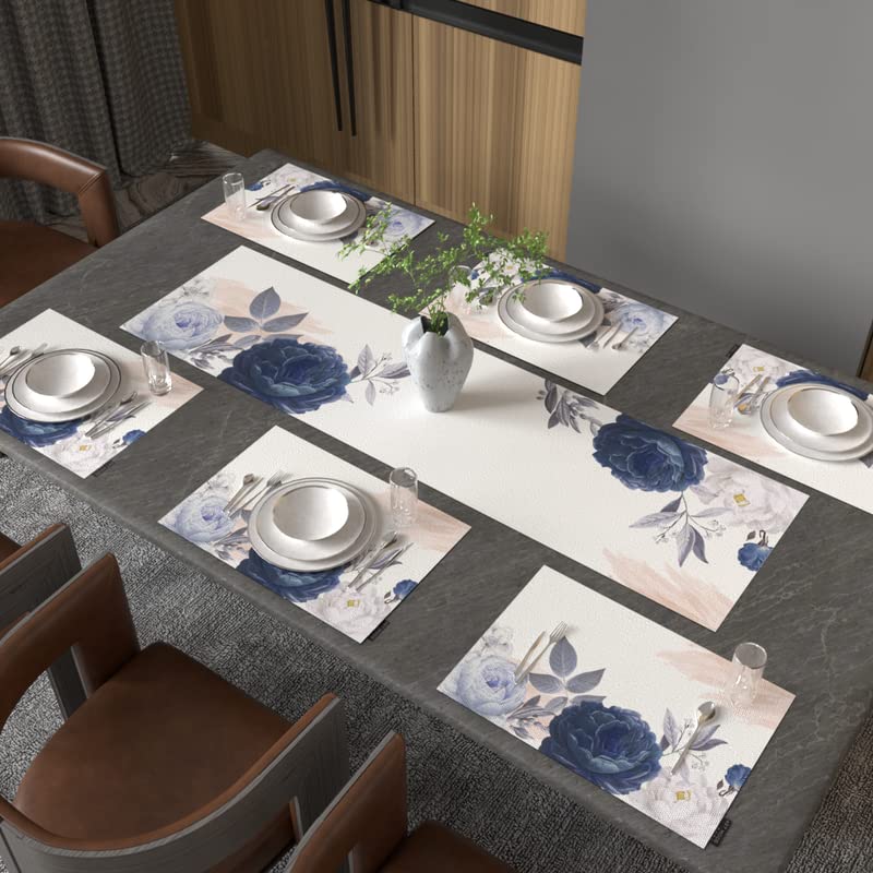 Bloom 7-Piece Dining Set, includes 6 Durable Canvas Placemats (45x30 cm) and 1 Table Runner (35x140 cm), Blue & White, with a Floral Design to Protect and Beautify your Table