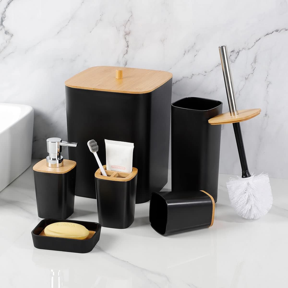 6-Piece Bamboo Bathroom Accessories Set – Bathroom Set with Trash Can, Toothbrush Holder, Soap Dish, Soap Dispenser & Cup – Stylish & Durable for Home Décor