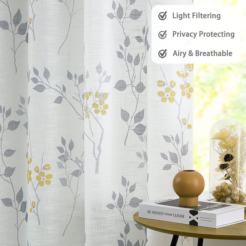 Rich Natural Linen curtains - Printed floral curtains- Semi-transparent - Road Pocket grommets for living room, bedroom, kitchens, 1 piece