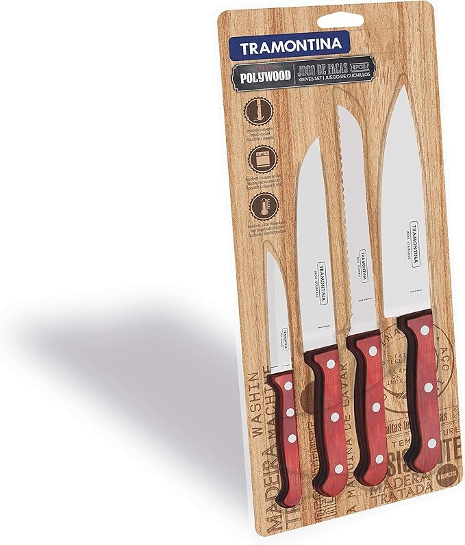 Stainless Steel Polywood Red 4 pcs Knives set
