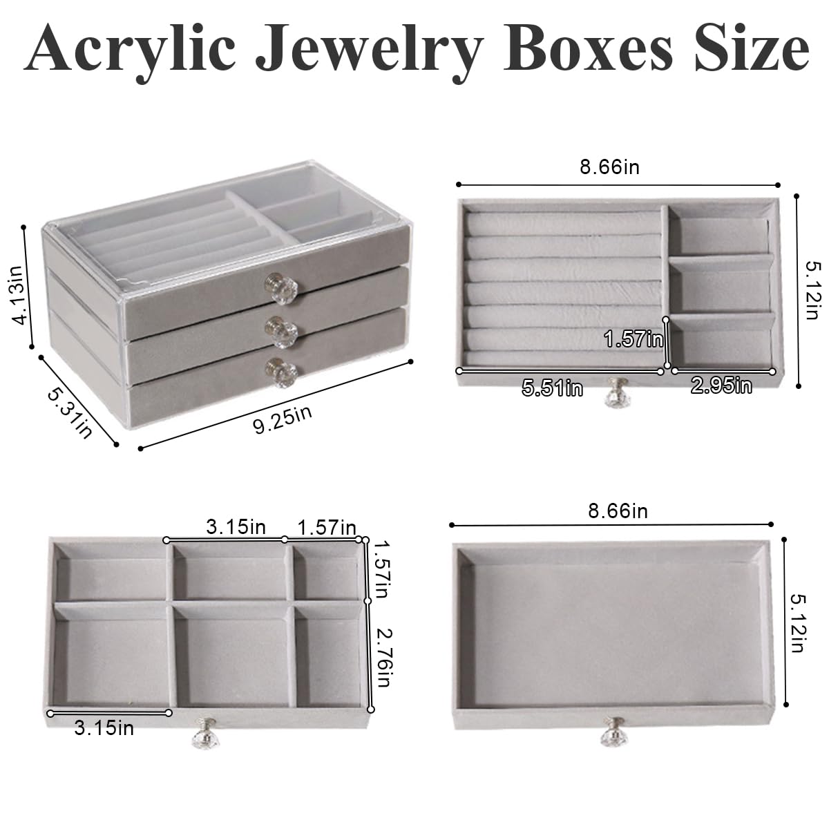 Clear Acrylic Jewelry Box – Large Capacity Organizer with 3 Velvet-Lined Drawers for Rings, Bracelets, Earrings, and Accessories