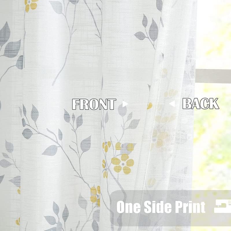 Rich Natural Linen curtains - Printed floral curtains- Semi-transparent - Steel grommets for living room, bedroom, kitchens, 1 piece