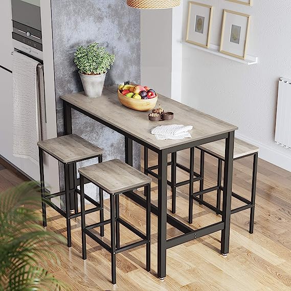 Industrial Bar Table Set with 2 Bar Stools, Greige and Black