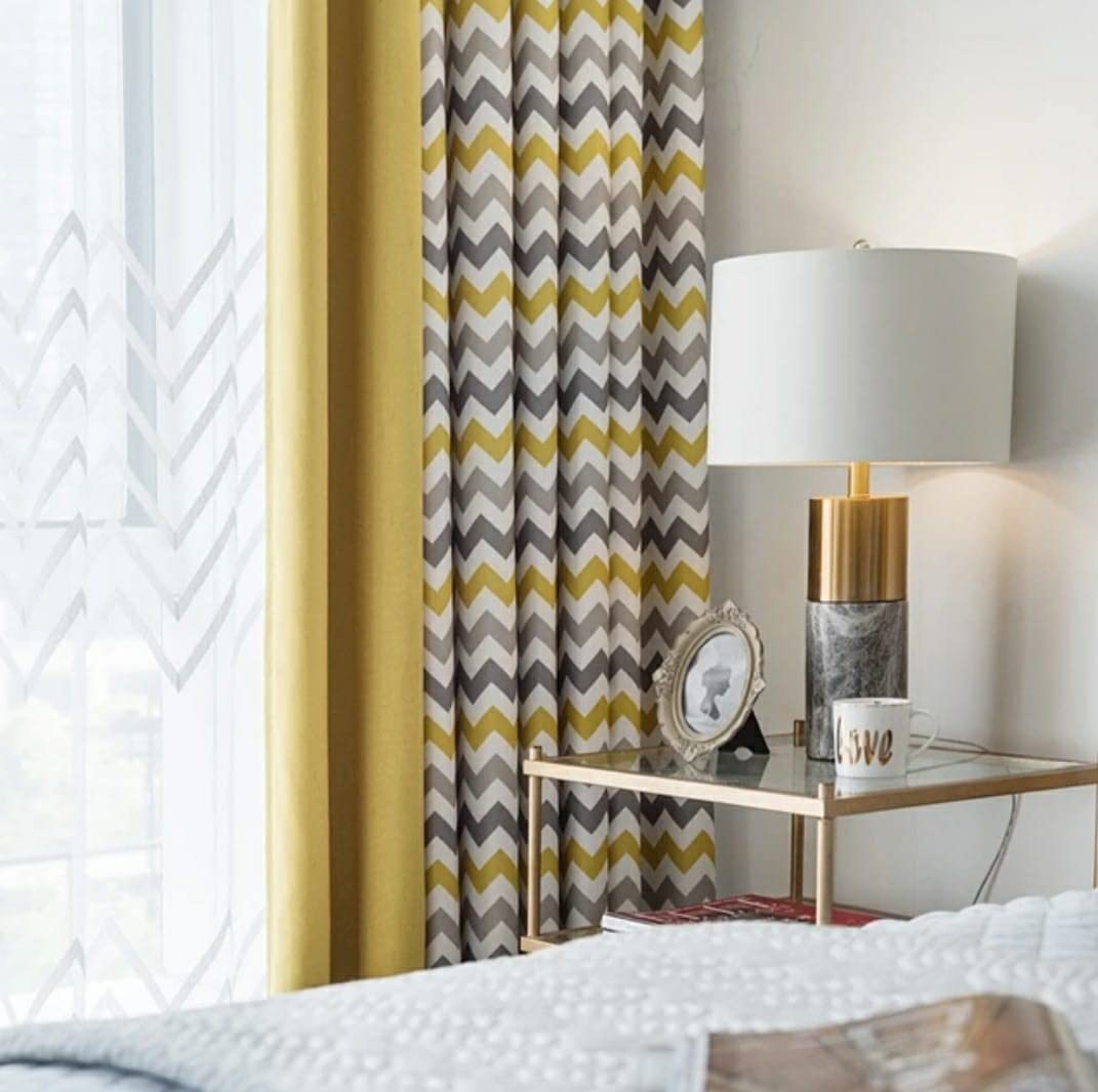 Luxury velvet curtains - Modern Design - Striped zig zag Yellow and Grey with plain velvet yellows 2 panels - Normal tape