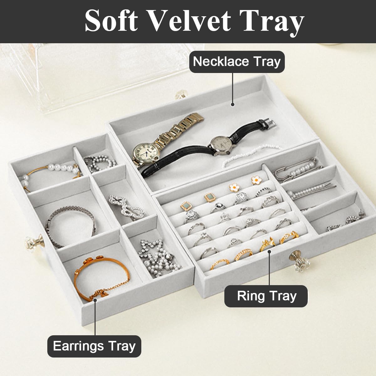 Clear Acrylic Jewelry Box – Large Capacity Organizer with 3 Velvet-Lined Drawers for Rings, Bracelets, Earrings, and Accessories