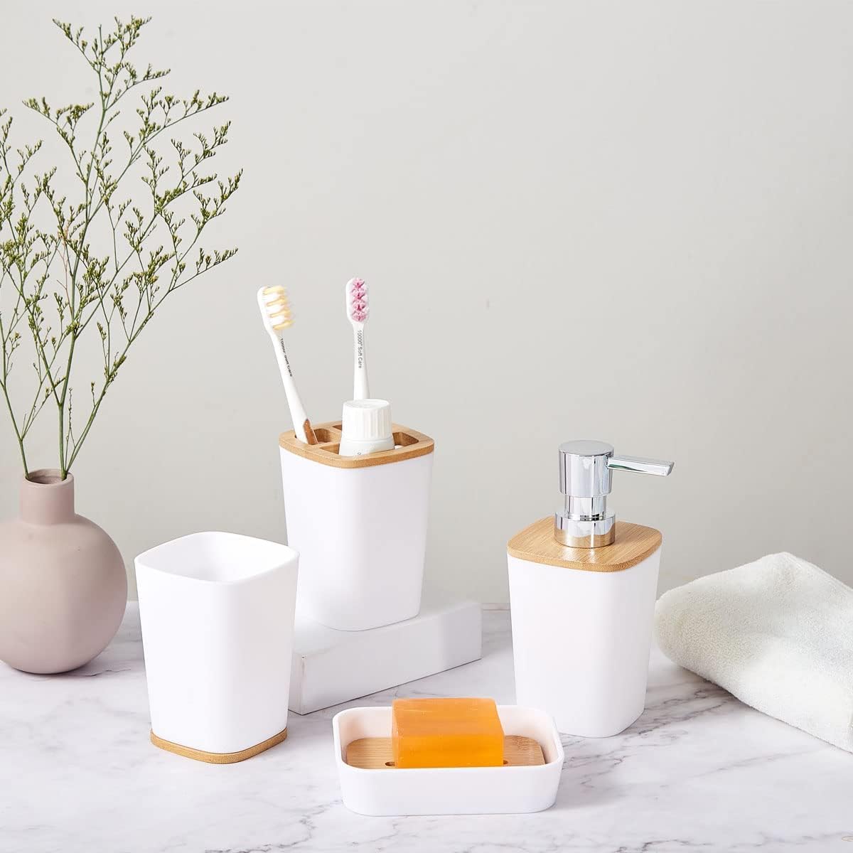 6-Piece Bamboo Bathroom Accessories Set – Bathroom Set with Trash Can, Toothbrush Holder, Soap Dish, Soap Dispenser & Cup – Stylish & Durable for Home Décor