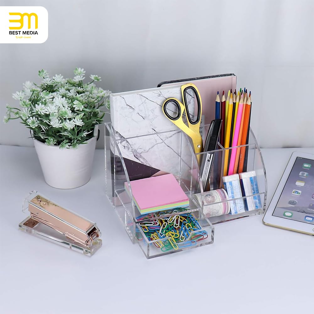 All-in-One Clear Acrylic Office Desk Organizer with Drawer, Multifunctional Makeup Holder and Stationery Caddy with Multiple Compartments for Home and School Supplies