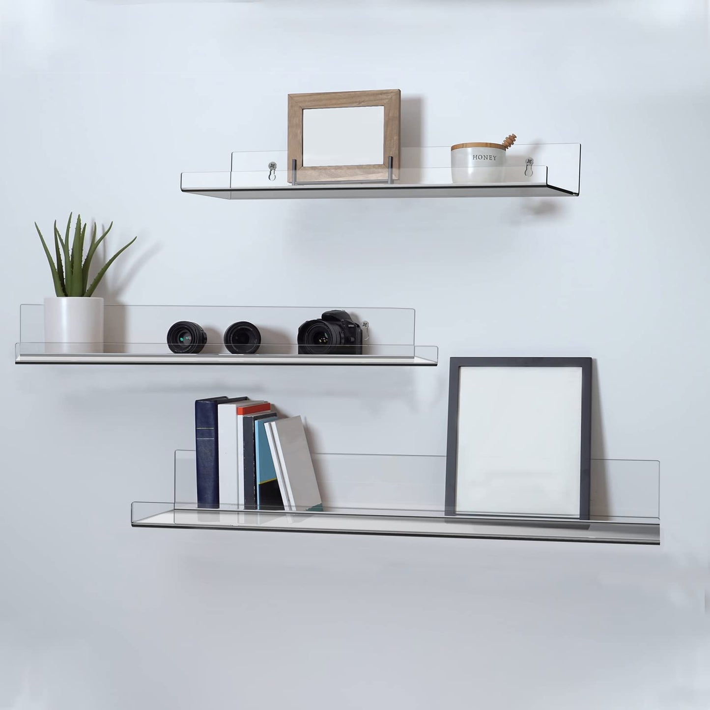 2 Pack No-Drill Acrylic Floating Shelves for Wall, 40 cm Clear Adhesive Display and Storage Racks, Modern Picture Ledge for Bathroom, Bedroom, Living Room, and Office