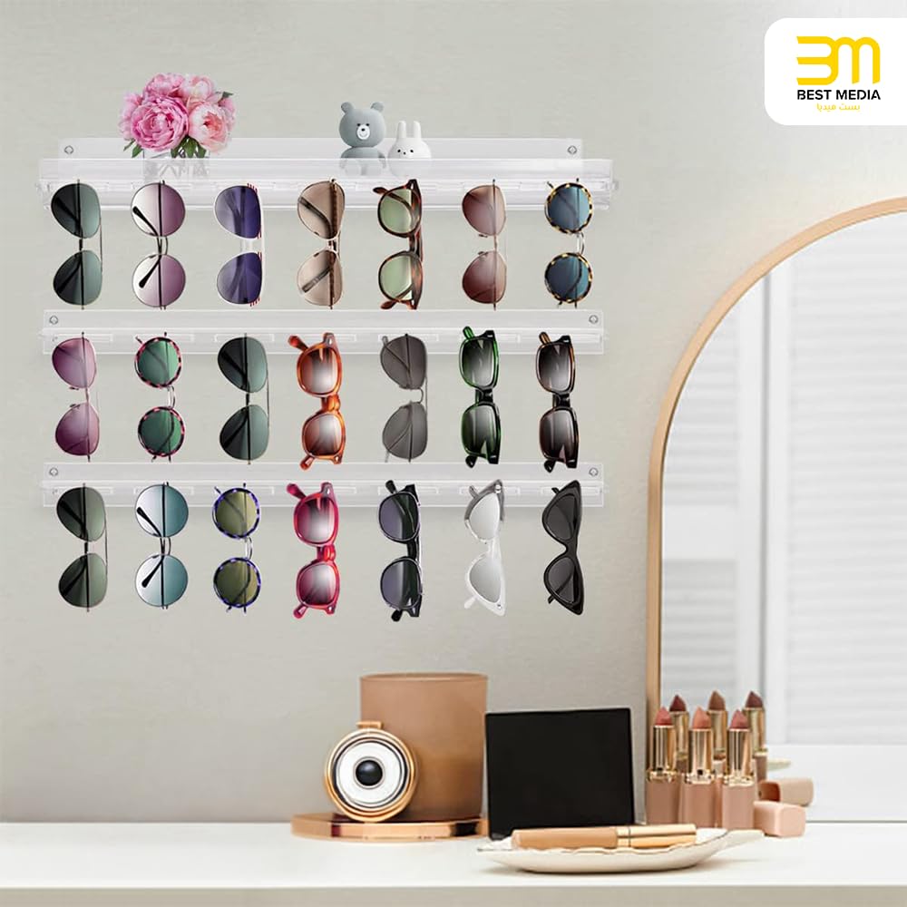 3 Pack Wall Mount Sunglasses Organizer, Clear Acrylic Hanging Eyeglass Holder and Display Rack, Modern Storage Shelf for Eyewear, Jewelry, and Entryway Keys