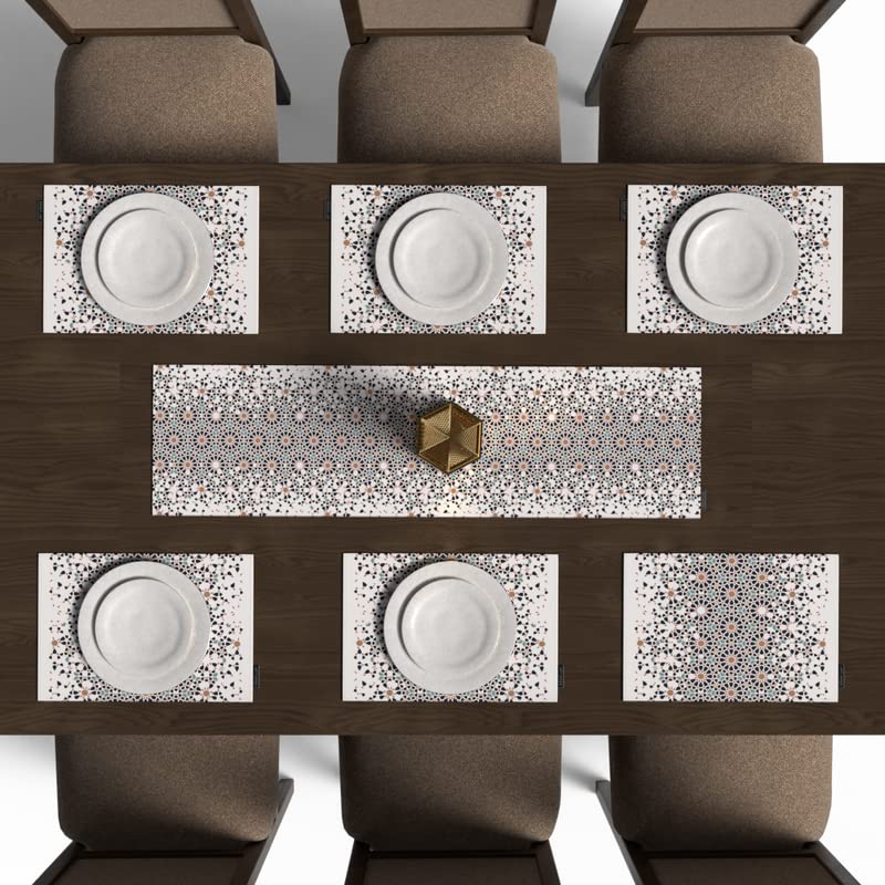 Reya 7-Piece Dining Linens Set, with 6 multicolor canvas placemats (45x30 cm) and 1 table runner (35x140 cm), featuring a serene Islamic design for an elegant, beautiful tablescape