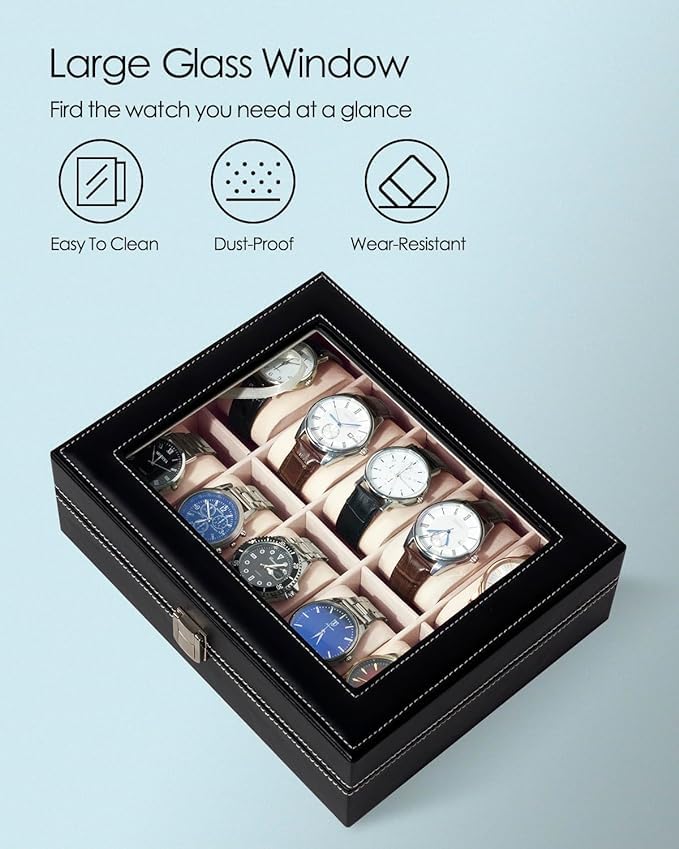 Watch Box Organizer 10 Slots PU Leather Watch Box with Lock for Men Women Birthday Father's Day Mother's Day Gift PU Leather Black