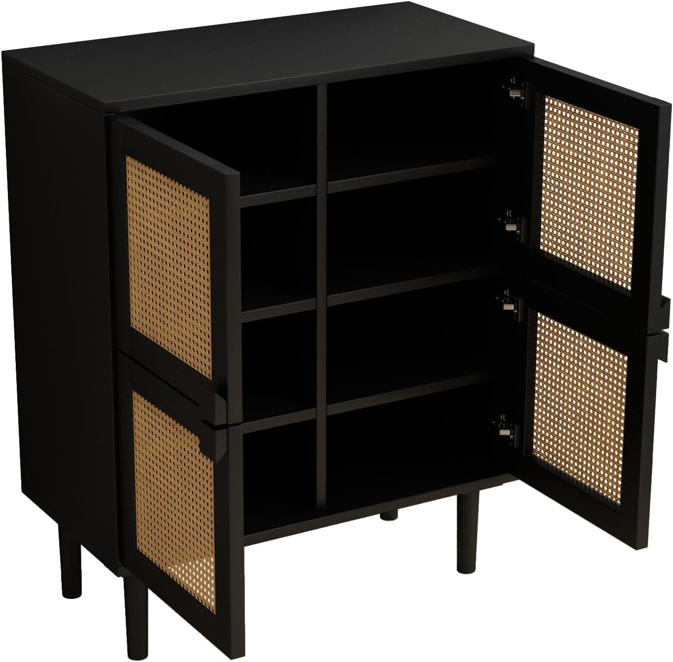 Modern Rattan Storage Cabinet, 4-Door Design with Black Frame, Living Room Furniture