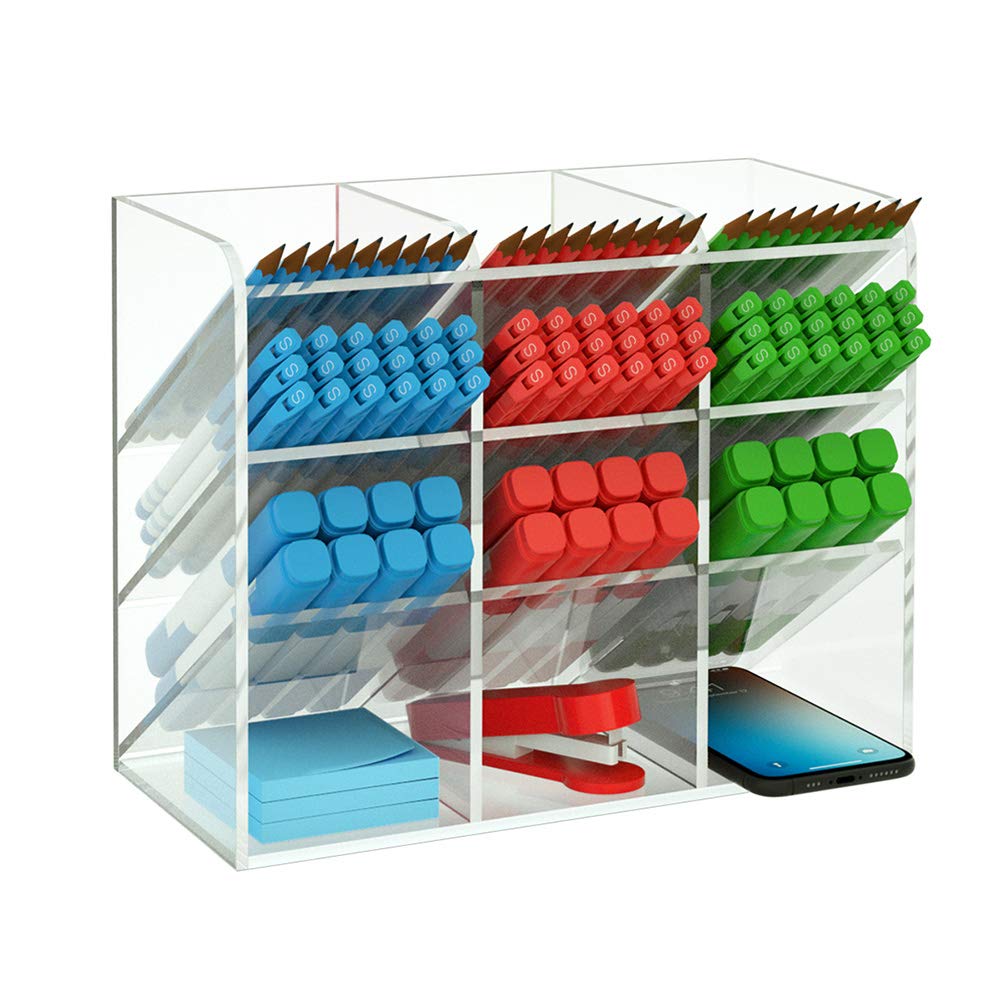Clear Acrylic Desk Organizer and Pen Holder, 12-Compartment Pencil Caddy for Office and School, Versatile Makeup Brush Organizer and Art Craft Supplies Storage Solution