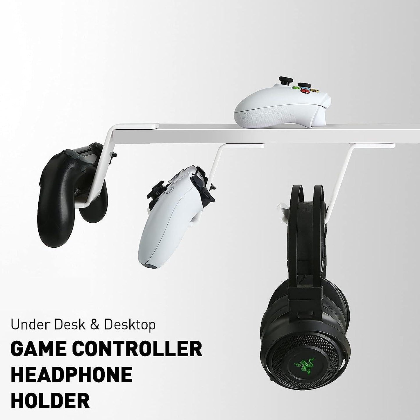 Universal Gamepad Controller Stand for Desk, Tabletop Gaming Accessories Holder for XBOX, PS5, PS4, and PC Controllers with Cable Clips, Under-Desk Mount Option (White)