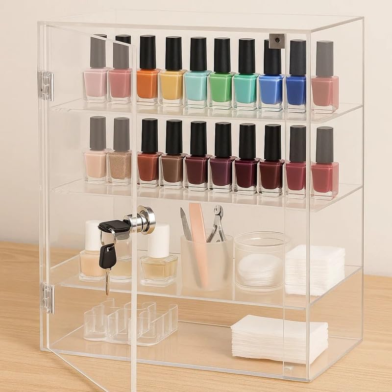 Clear Acrylic Display Cabinet with Lock and Door, 3 Fixed Shelves, 42 x 30 x 20 cm Glossy Countertop Organizer Box for Nail Polish Accessories Collectibles or Retail Display