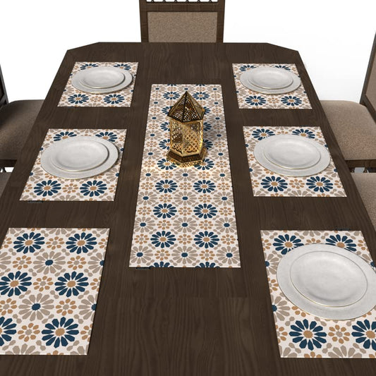Ace2 7-Piece Dining Linens Set, with 6 multicolor canvas placemats (45x30 cm) and 1 runner (35x140 cm), featuring a modern Islamic art design for a vibrant and contemporary tablescape
