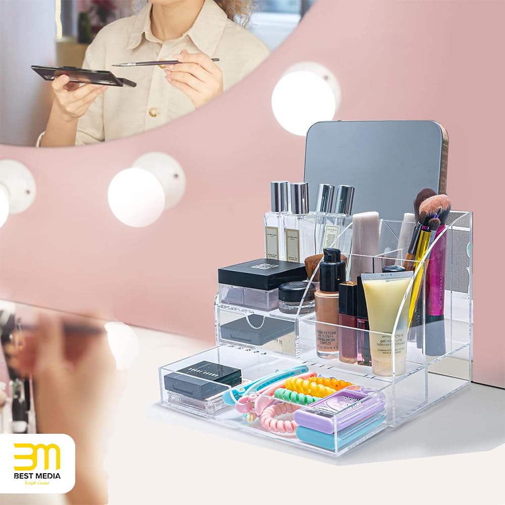 Clear Acrylic Desk Organizer with 2 Drawers, 5-Compartment Office Desktop Accessories and Stationery Caddy, Multi-Functional Pen Organizer for Home, School, and Dorm Room Use