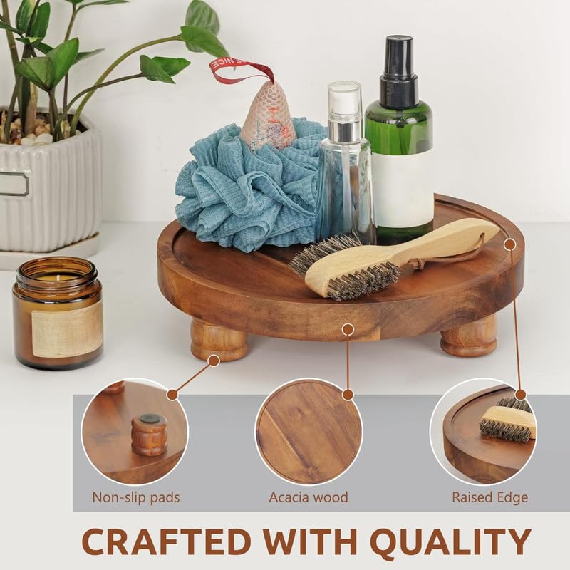 Natural Wood Round Pedestal Stand, Rustic Decorative Riser for Displaying Plants, Candles, and Centerpieces, Elegant Wooden Tray for Kitchen Countertop & Table Decor