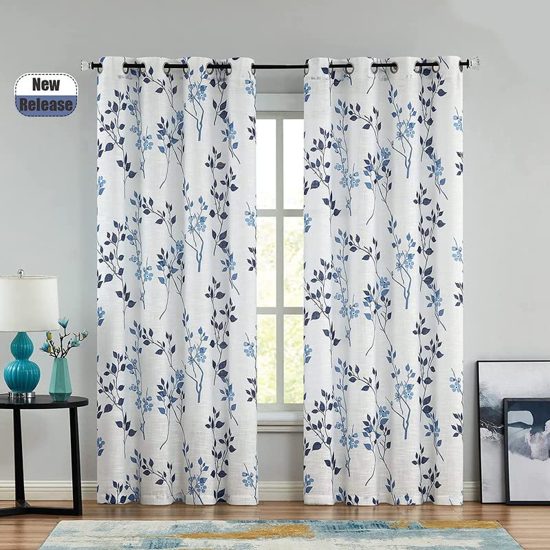 Rich Natural Linen curtains - Printed floral curtains- Semi-transparent - Steel grommets for living room, bedroom, kitchens, 1 piece
