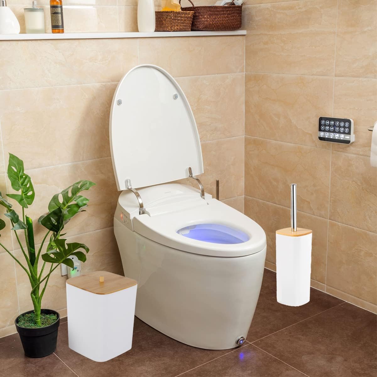 6-Piece Bamboo Bathroom Accessories Set – Bathroom Set with Trash Can, Toothbrush Holder, Soap Dish, Soap Dispenser & Cup – Stylish & Durable for Home Décor