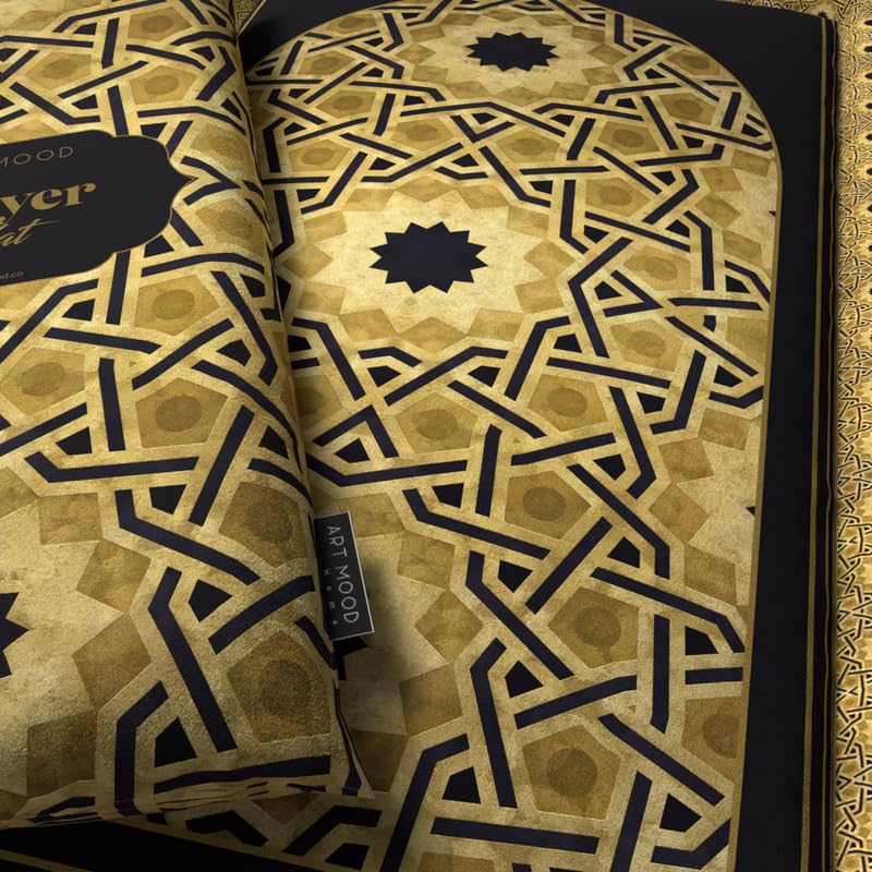 Padded Velvet Prayer Rug for Kids, a soft mat in Gold and Black, 57x95 cm, designed with a classic pattern to provide a comfortable and special place for a child's daily prayers