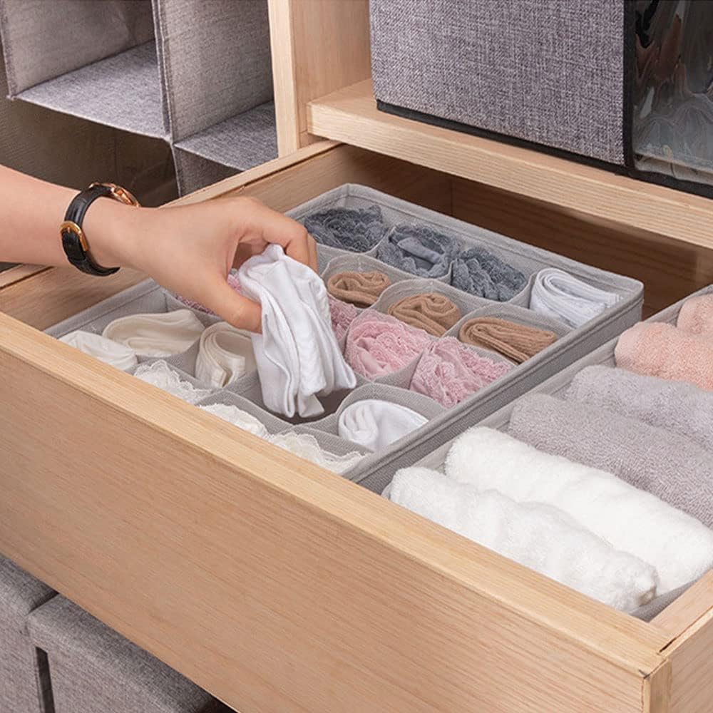 Underwear Drawer and Closet Organizer - Foldable Non-Woven Fabric Storage Boxes for Socks, Scarves, Clothes - Washable Dresser Drawer Divider - Space-Saving & Durable - 4 Pcs, Grey