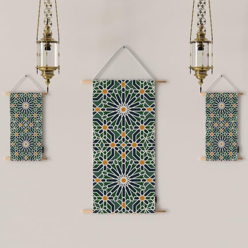 Ramadan's Unique Adden Velvet Fabric Posters Set, a Wall Art Decor Kit for Festive Home Decor, Green & Blue, a Garden-Inspired Islamic Design for Living Room or Bedroom
