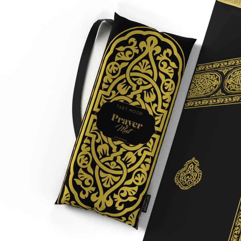 Velvet Padded Prayer Mat in Gold & Black, 68x117 cm, a premium rug with a unique Mecca design and soft cushioning for a comfortable and spiritually uplifting prayer experience