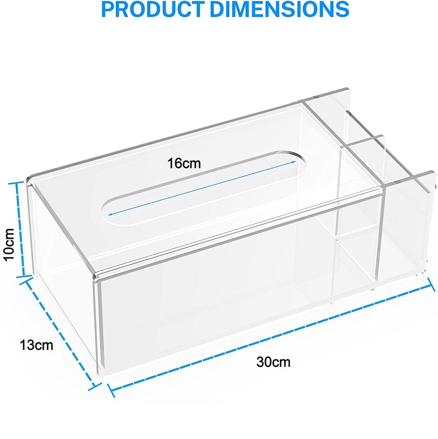 Acrylic Tissue Box with Storage, 30x13x10 cm Clear Rectangle Napkin Holder with Side Organizer for Desktop, Bathroom, Vanity or Office Use, Dual Function Tissue Dispenser, Clear