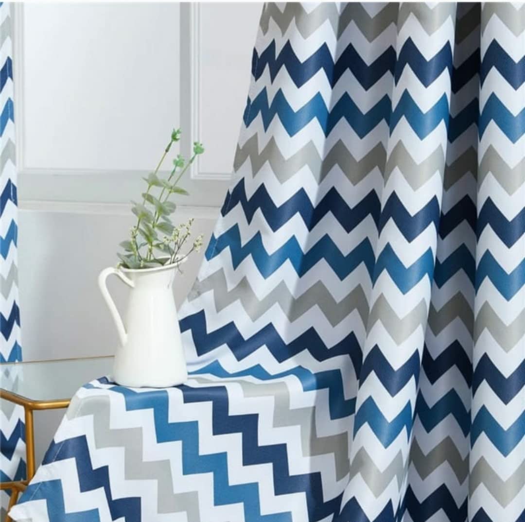 Luxury velvet curtains - Modern design - Stripped Zigzag - steel Grommets - 1 piece Blue * Grey 145W X 250L CM