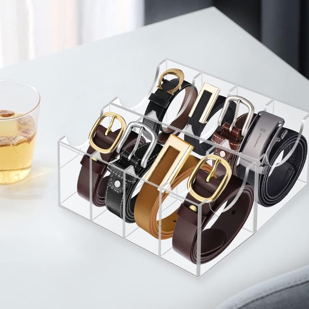 Clear Acrylic Belt Organizer with 8 Compartments, 4 mm Transparent Display Box for Closet Storage, 6 x 11 cm Holder for Ties, Watches, Jewelry and Accessories