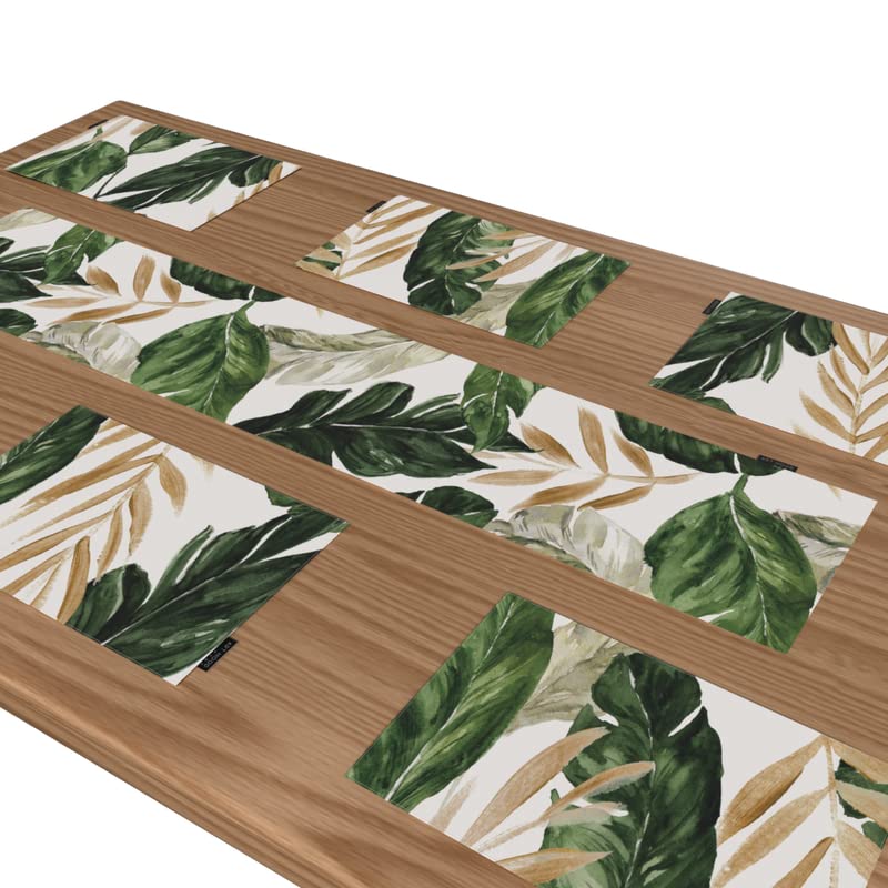 Canvas Richy Leaf Placemats, Set of 6 Durable Table Mats in Green, White & Gold, each 45x30 cm, Washable and Heat-Resistant for Protecting your Dining Table with a Botanical Style