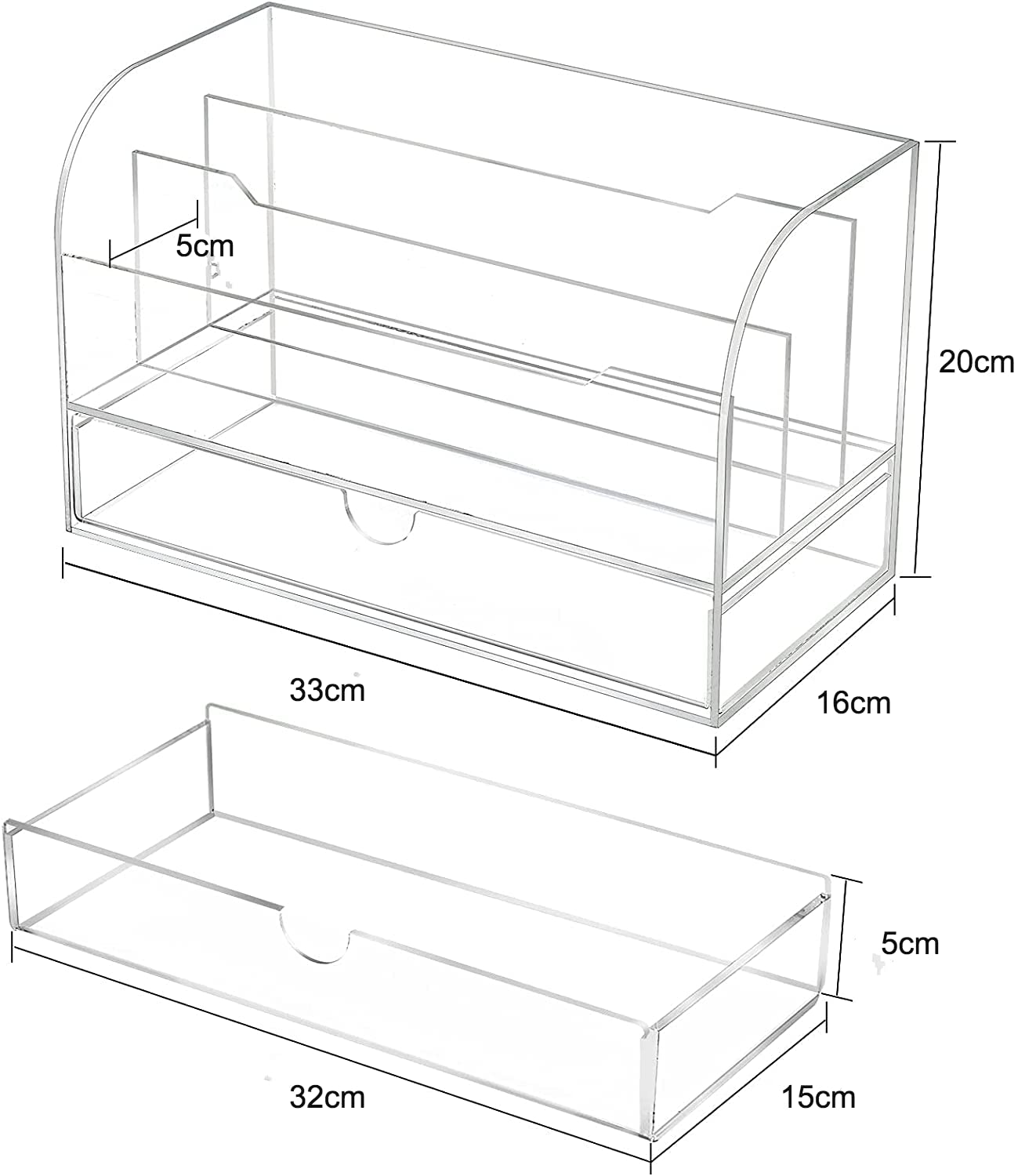 Large Clear Acrylic Desk Organizer and Mail Sorter, Multi-Slot Desktop File Holder with Integrated Drawer for Office and Home, Elegant Stationary Tray and Storage Solution