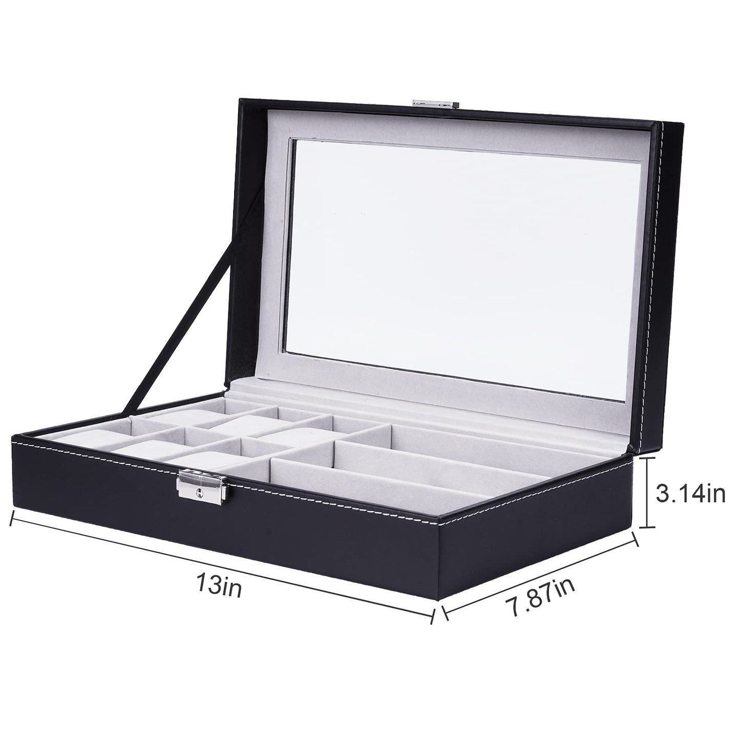 ALS AILISUO 6 Slots Watch Box 3 Slots Eyeglass Sunglasses Organizer Box With Lockable Case Clear Glass PU Leather Storage Box Display Showcase for Women & Men (Black)