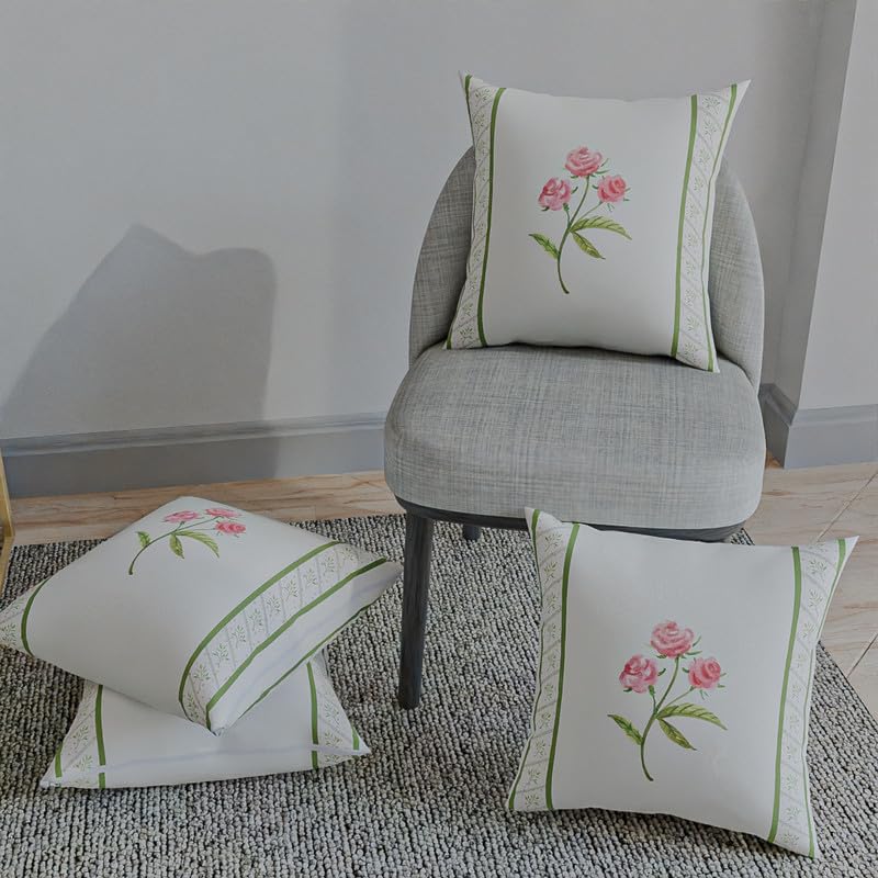 Azure Cushion Cover in a soft Cotton-Like fabric, featuring a beautiful White, Pink, and Green floral design, 40x40 cm, a charming and decorative accent for any sofa, couch or bedroom