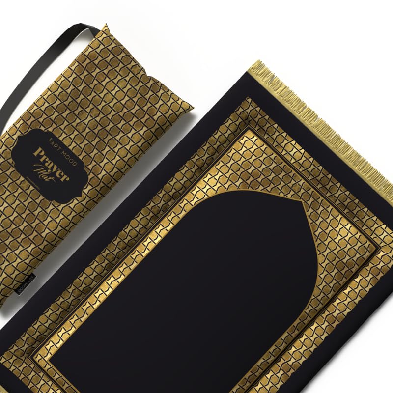 Premium Velvet Padded Prayer Rug in Gold and Black, 68x117 cm, a thick and soft mat designed for maximum comfort, providing excellent cushioning for a serene prayer experience