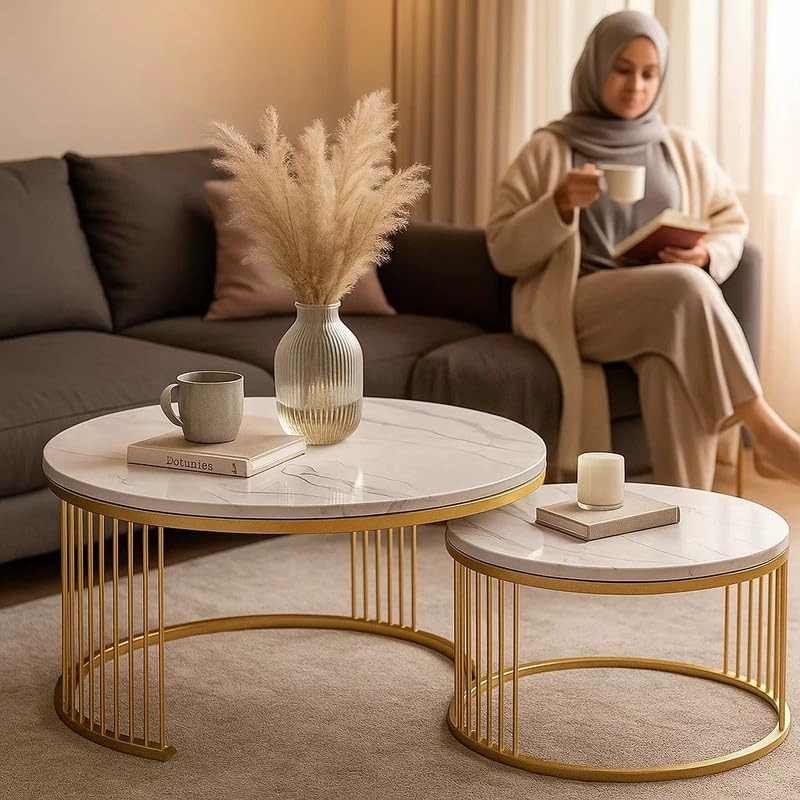 Nesting Coffee Tables, Faux Marble and Gold Elegance, Set of 2 Round Tables with Metal Base, 65x65x45 cm, Space-Saving Design for Living Room, Side Tables for Home